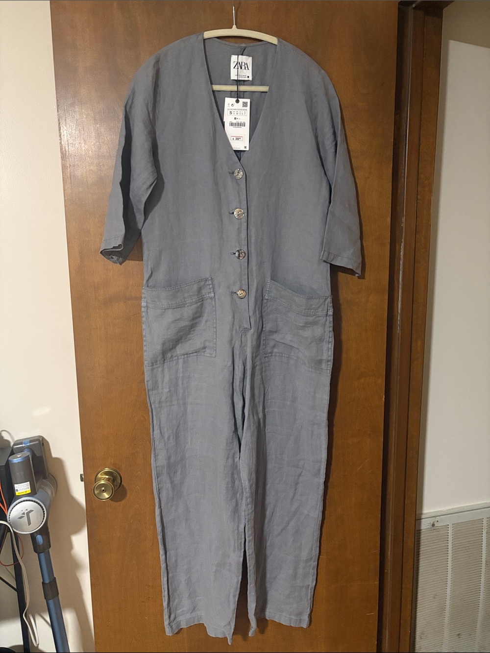 ZARA Gray Linen-Blend Button Front Jumpsuit